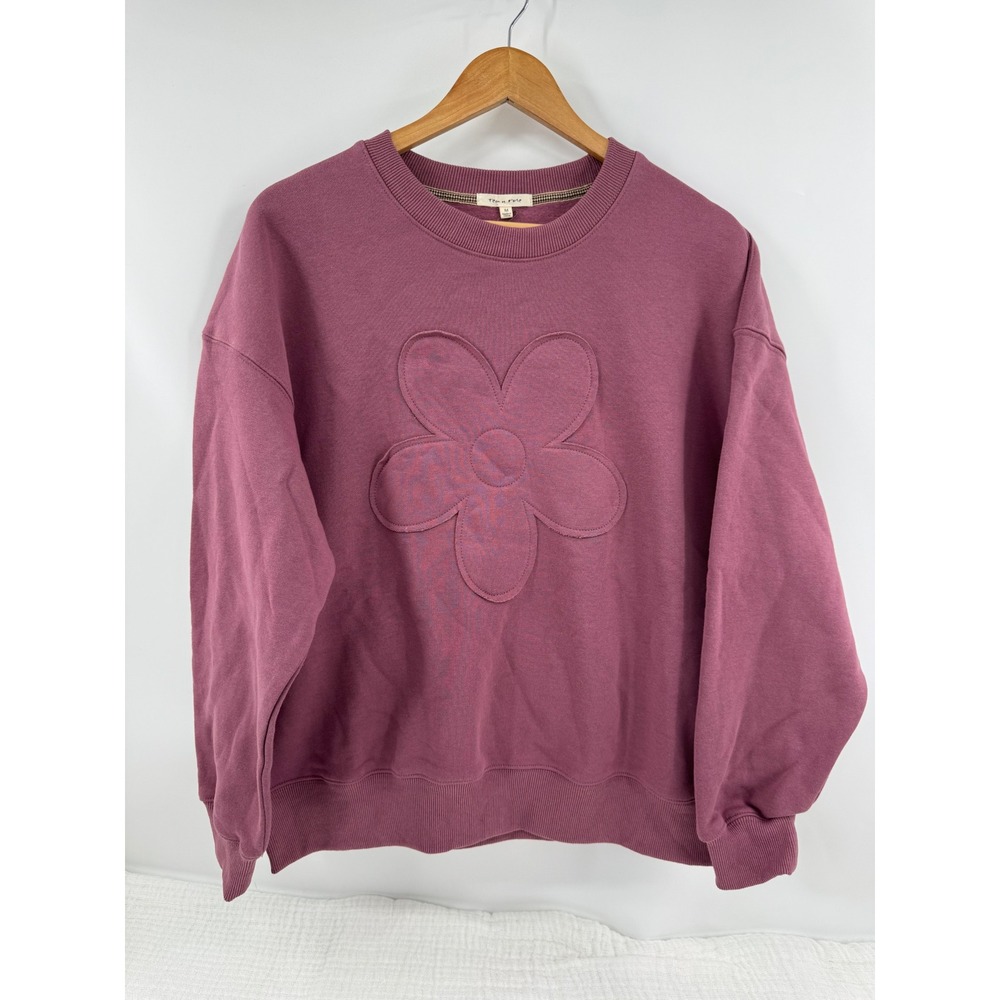 New Tea n Rose Sweatshirt Mauve Pink Flower Applique Fleece Crew Boutique Size M